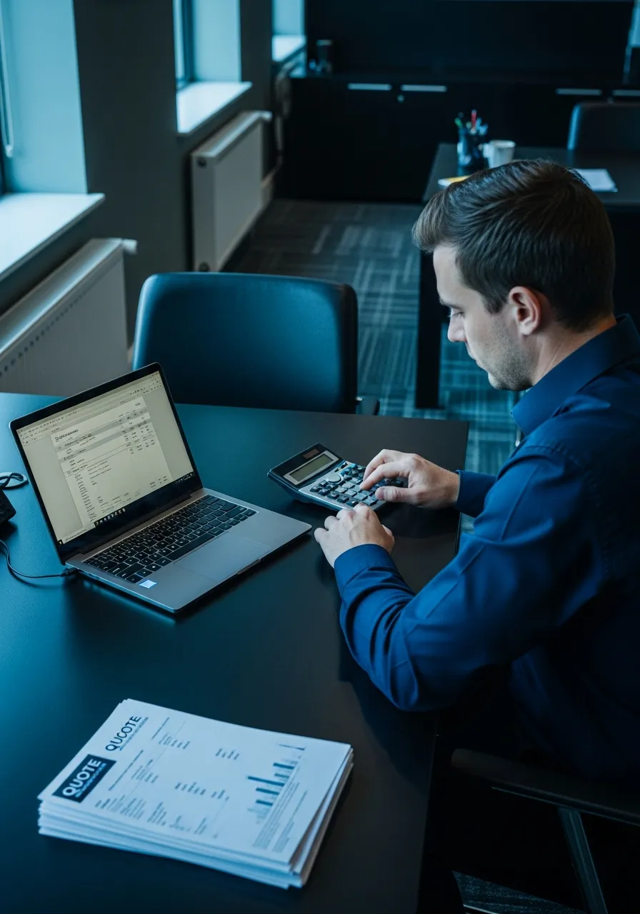 Business owner working through costs with a calculator and an invoice on his laptop