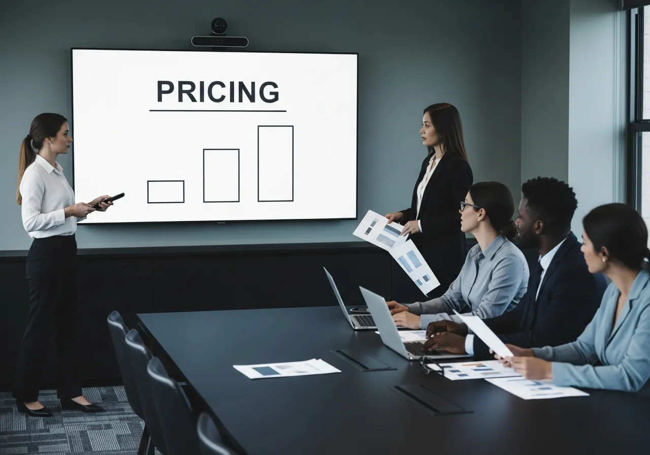 Consultant presenting pricing bands on a boardroom screen to a seated team