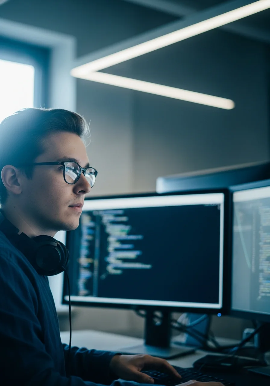 A software engineer focused at a dual-monitor desk with headphones around his neck