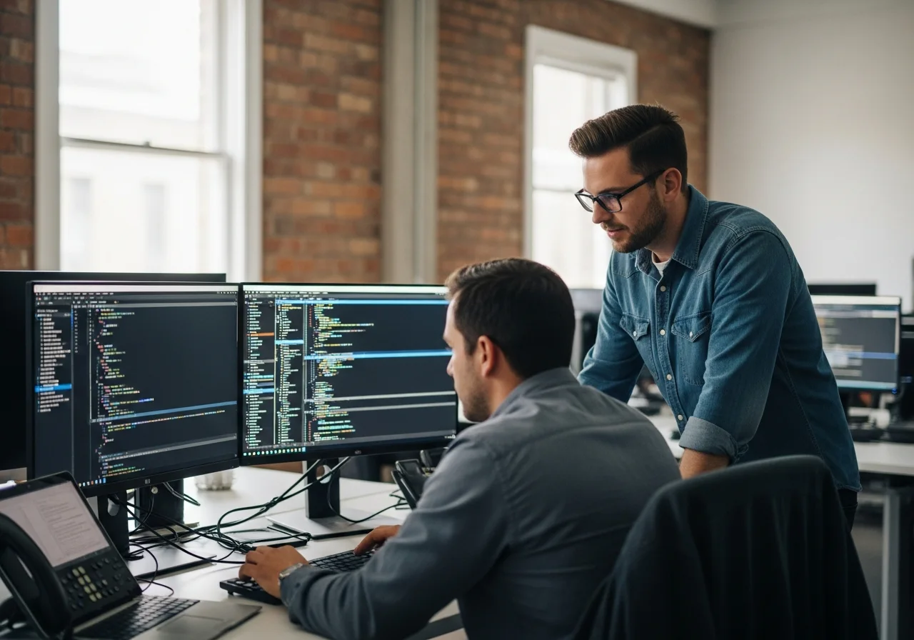A software engineering team pair-programming at a large monitor in a Melbourne tech office