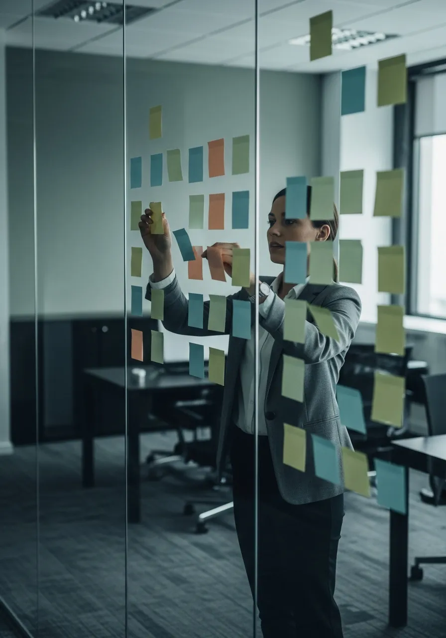 Consultant rearranging sticky notes on a glass wall while mapping AI agent failure risks