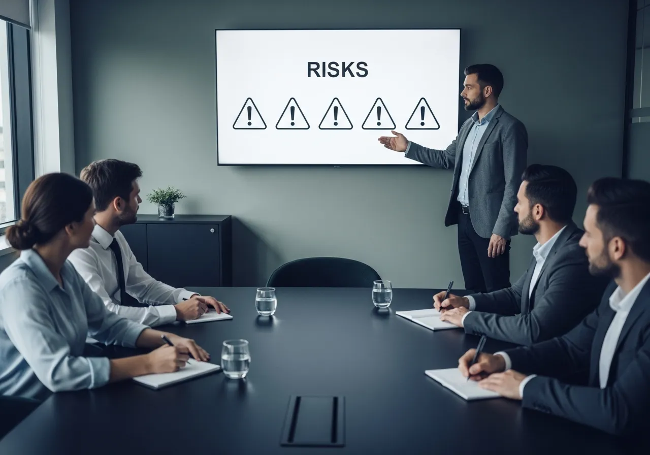 Risk review meeting with a wall screen showing warning icons while a consultant presents to colleagues