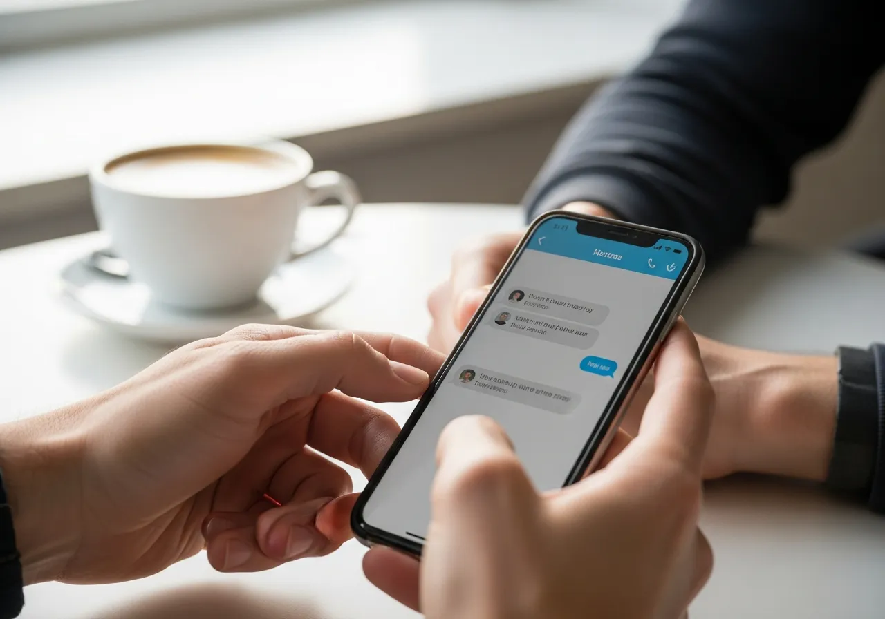 Hand holding a phone showing an AI assistant replying to a customer enquiry in a cafe