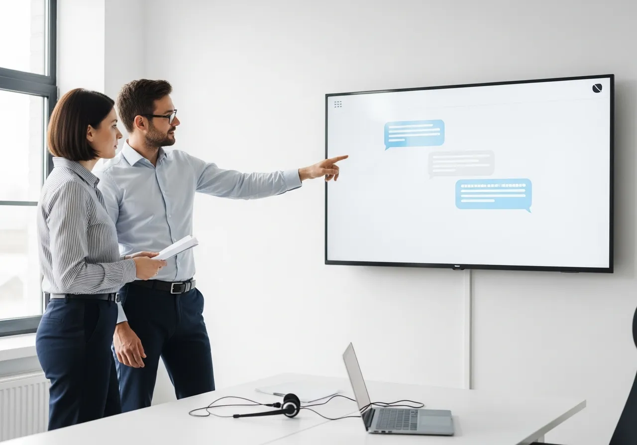 Consultant presenting an AI assistant conversation flow on a meeting-room screen to a Melbourne business team
