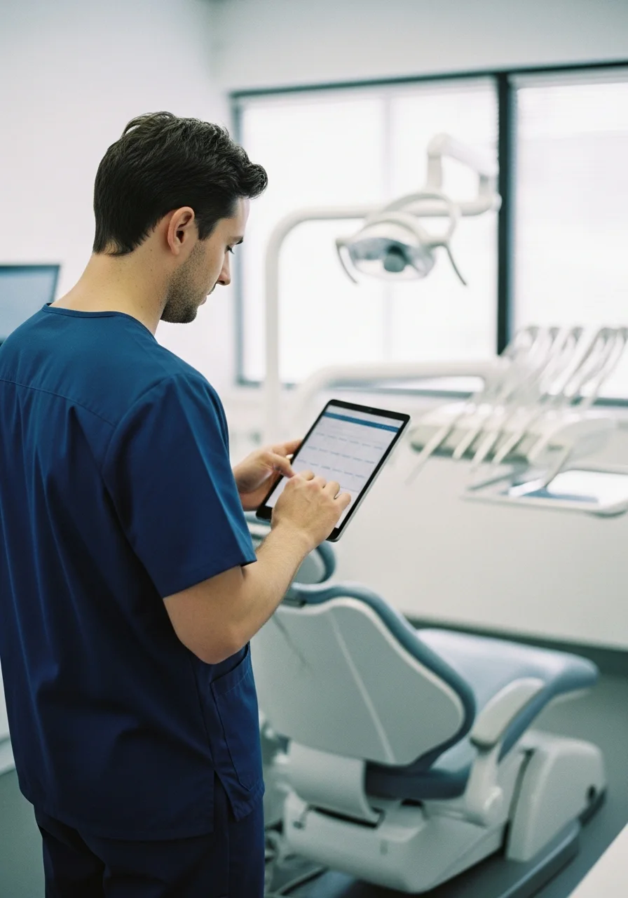 A dentist in scrubs reviewing the day's schedule on a tablet in a bright modern surgery