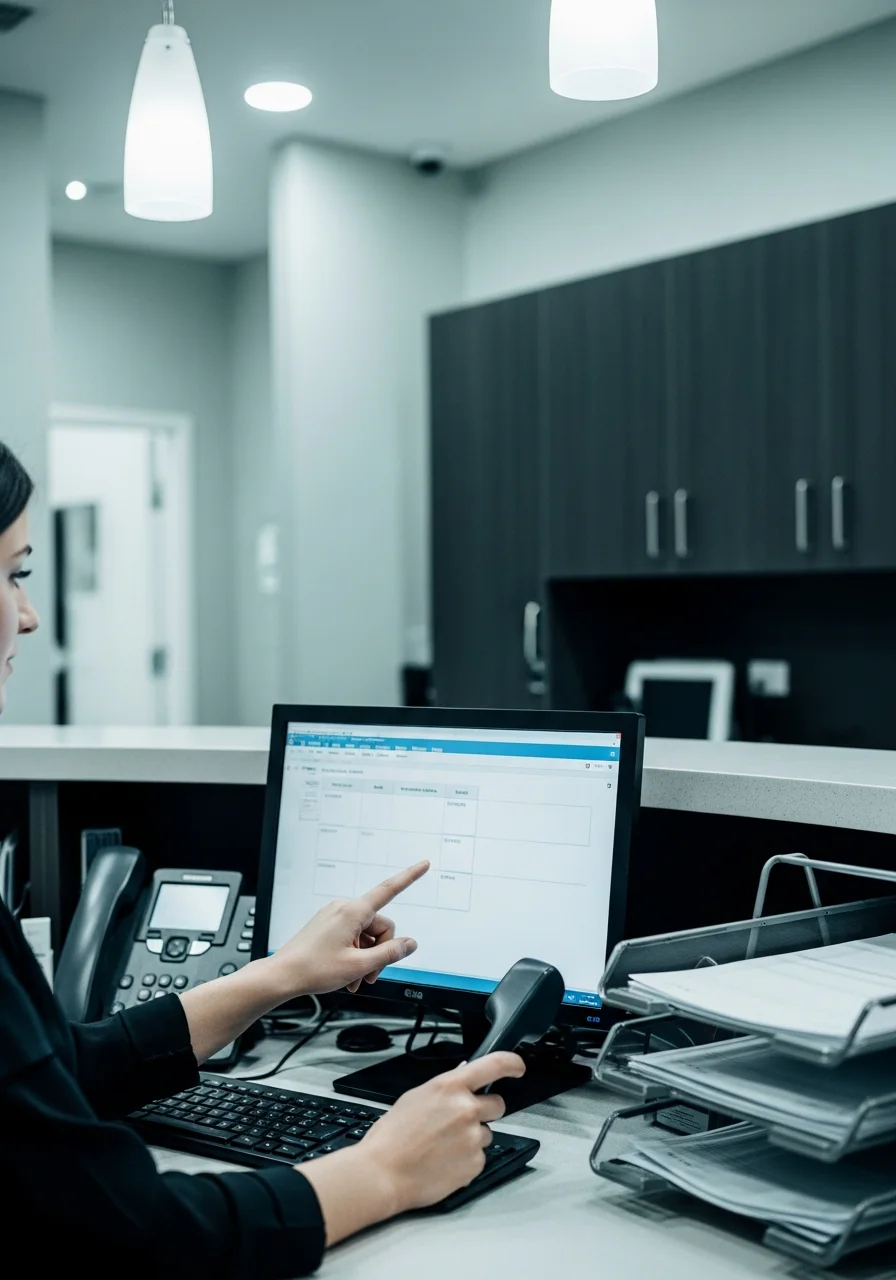 Dental receptionist's hands on a phone handset while pointing at appointment slots on screen