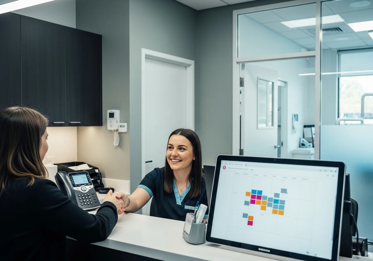 Dental receptionist greeting a patient while a booking calendar fills itself on a second screen