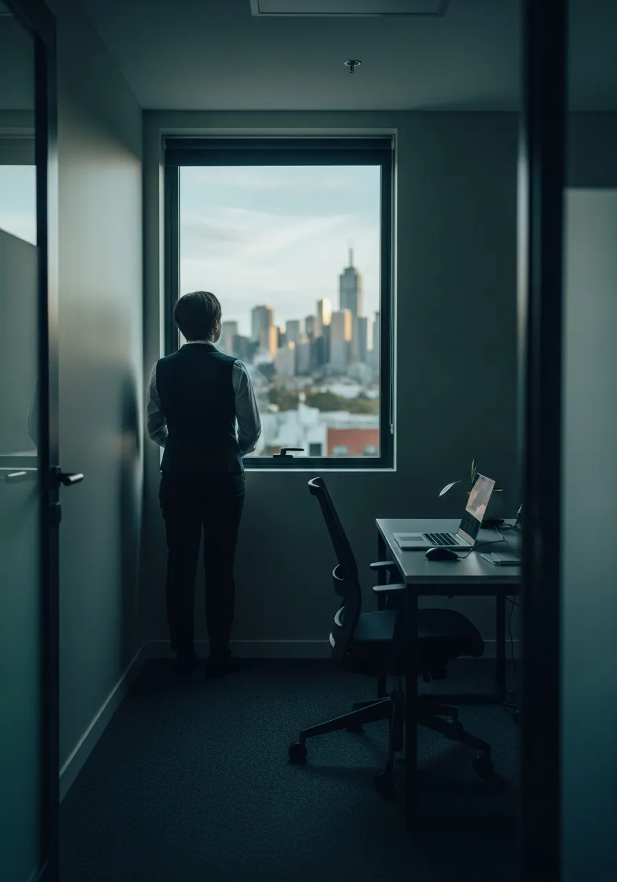 Melbourne small business owner looking out over the city skyline while planning AI automation