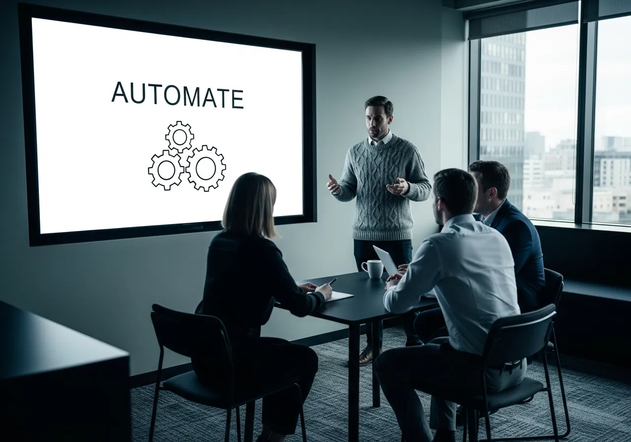 Small business strategy meeting with a founder presenting an automation plan to staff