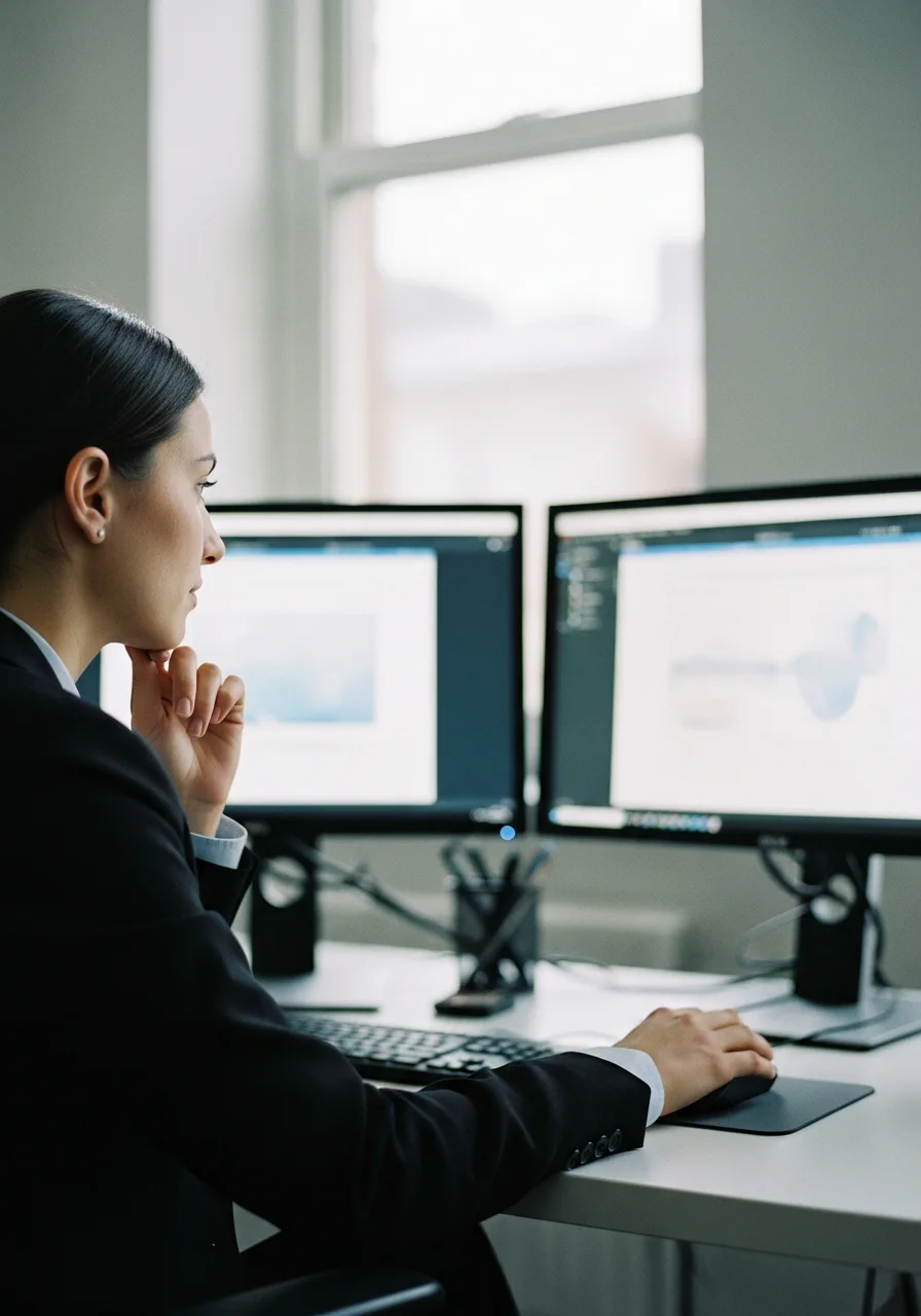 A businesswoman comparing two software tools side by side on dual monitors