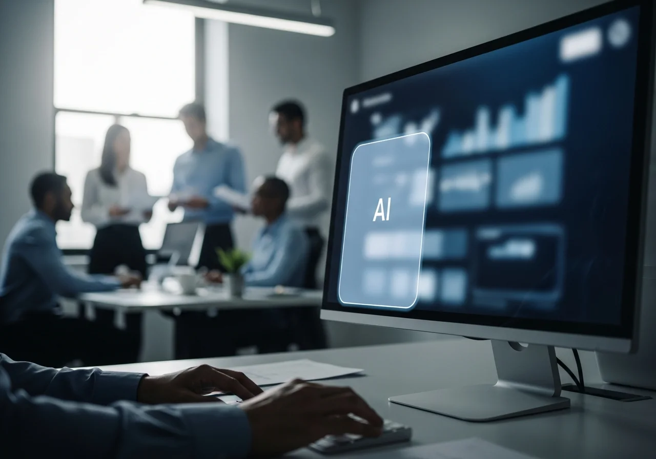A professional working alongside an AI assistant panel on a large monitor in a modern corporate office