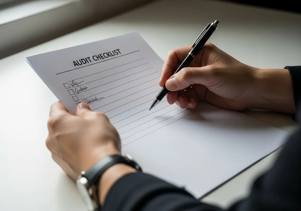 Hand writing on a printed audit checklist at a white desk