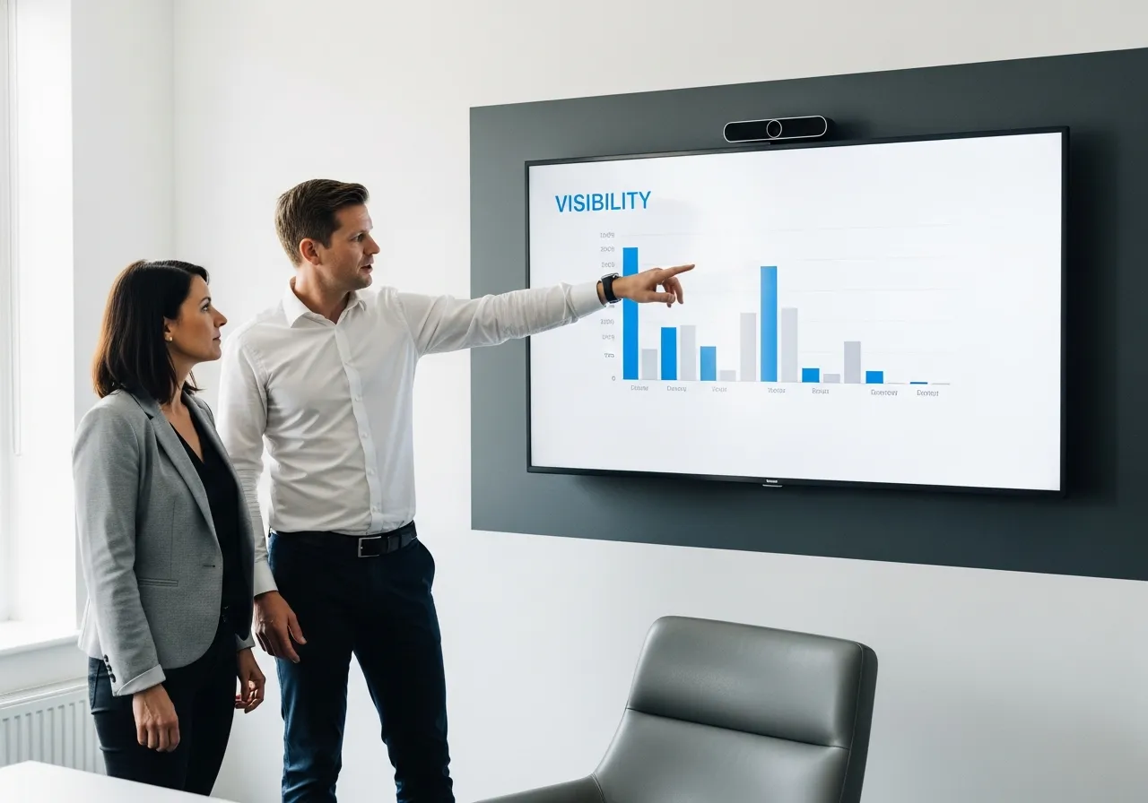 Two colleagues reviewing an AI visibility bar chart on a wall-mounted office screen