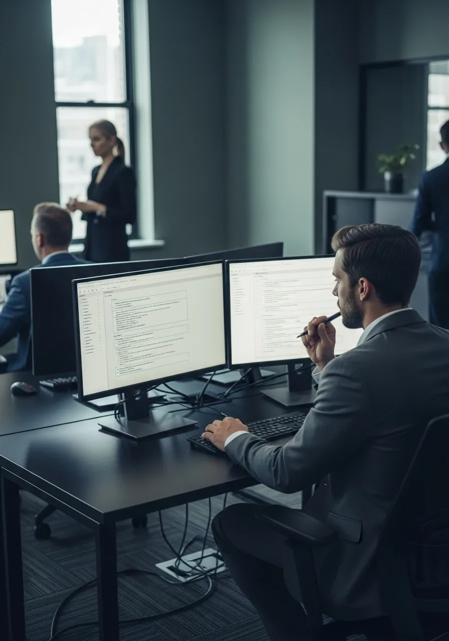 Analyst studying a search-results style layout across two monitors at a dark desk