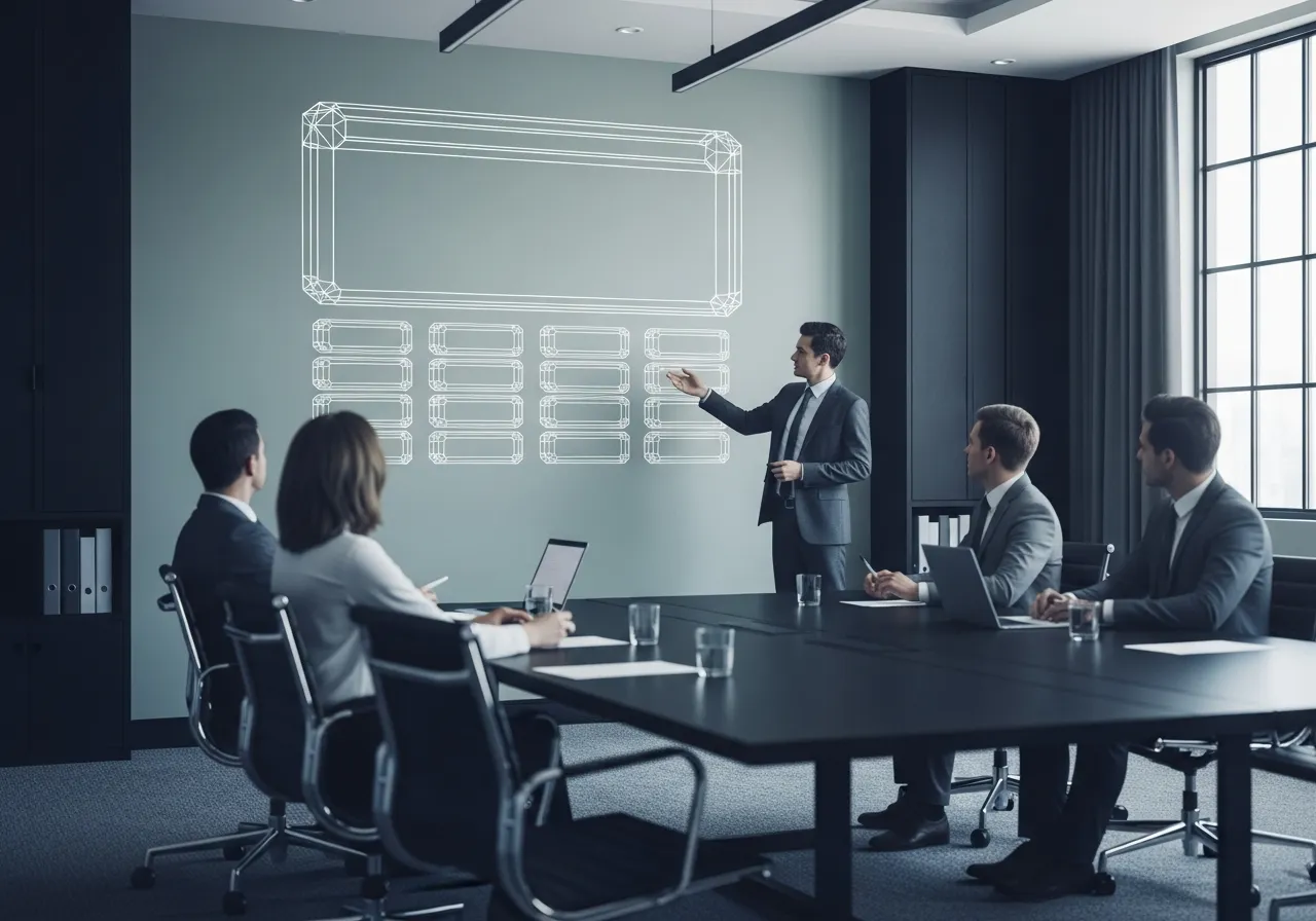 Presenter pointing at a wireframe answer panel above search results on a boardroom screen