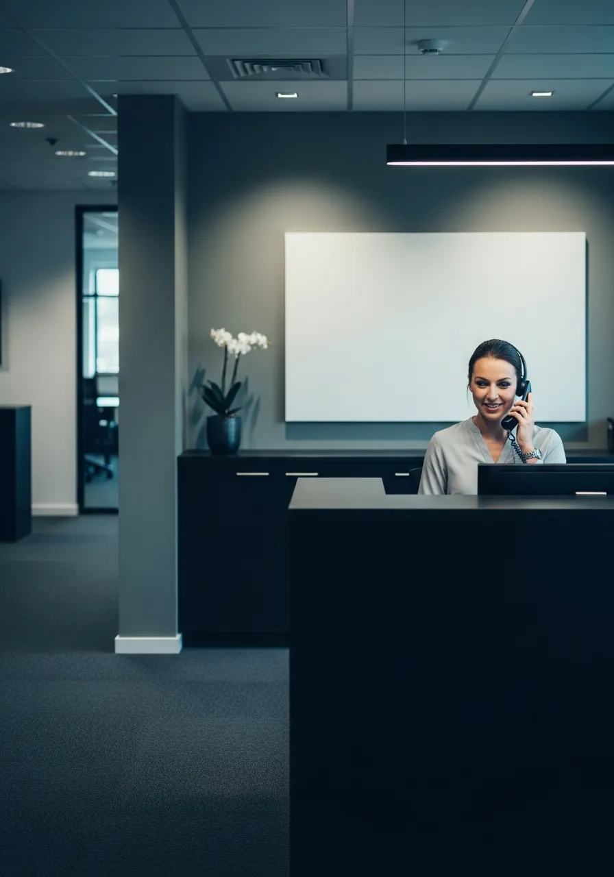Receptionist wearing a headset taking a call at a modern front desk