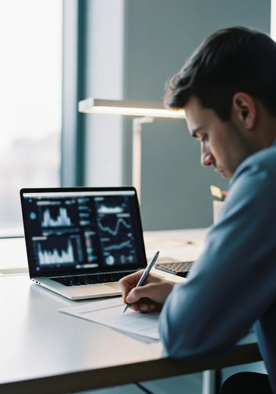 A data analyst taking notes beside a laptop showing performance graphs