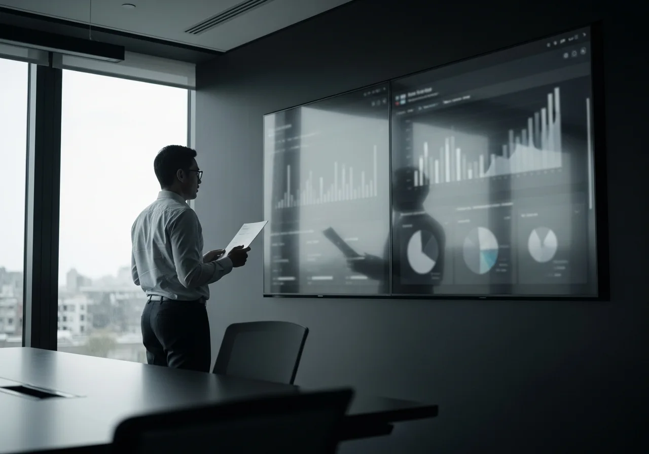 A marketing executive studying a wall-mounted analytics dashboard in a modern boardroom