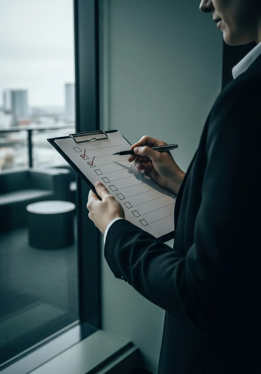 Consultant ticking items on a clipboard checklist beside an office window