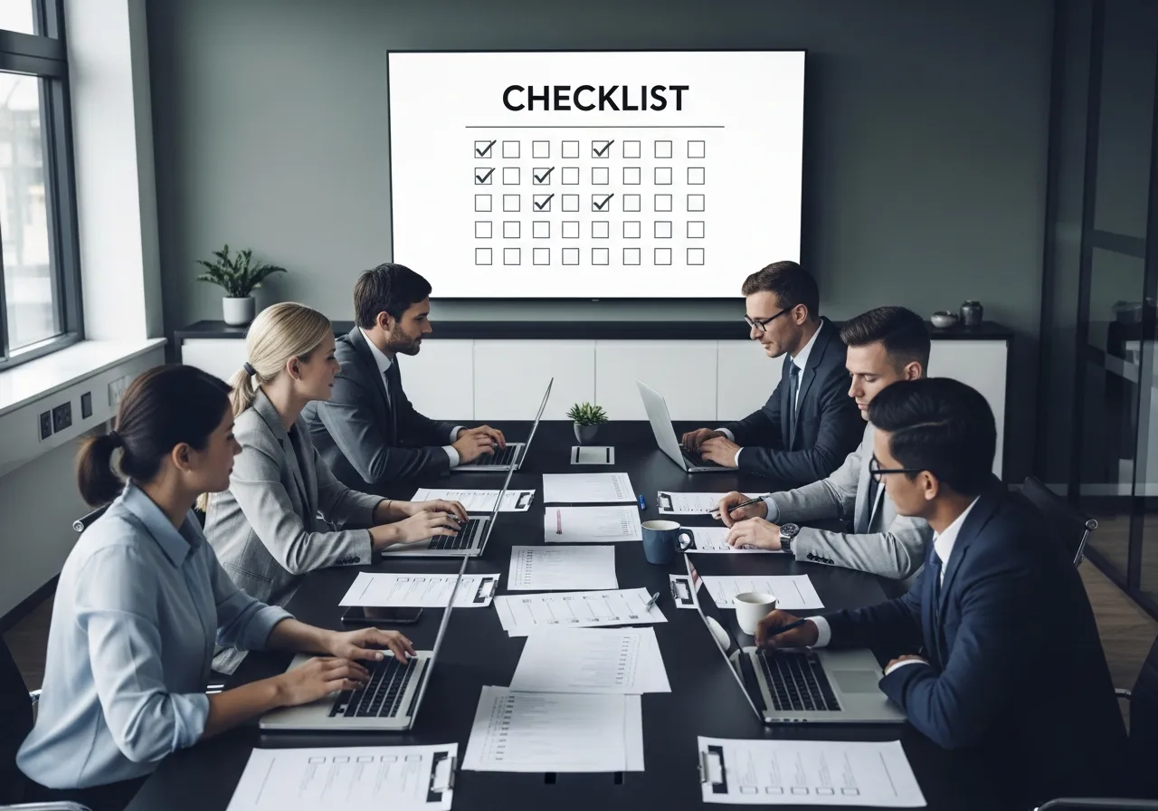 Project team at a long table with printed checklists and a checklist displayed on the wall screen