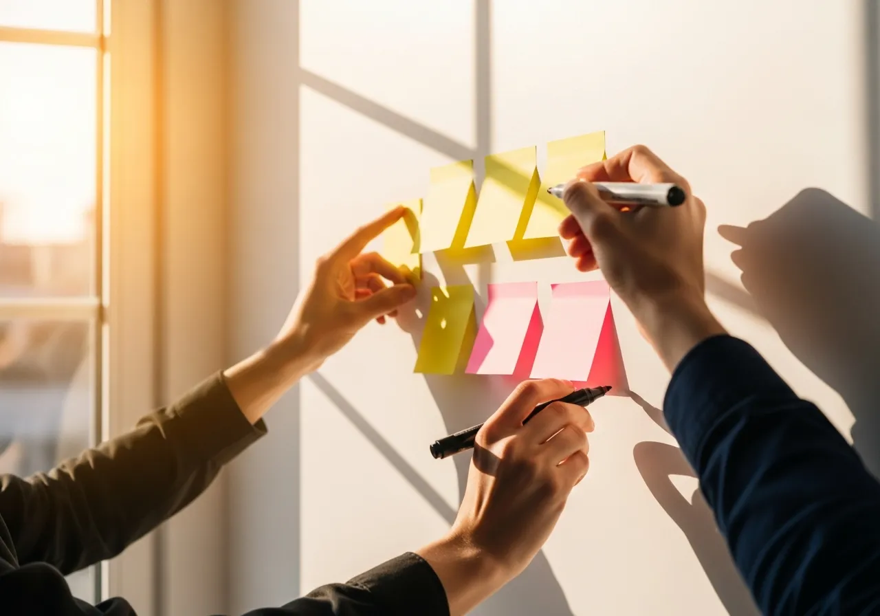 Hands placing sticky notes on a sunlit white wall during an AI strategy planning session