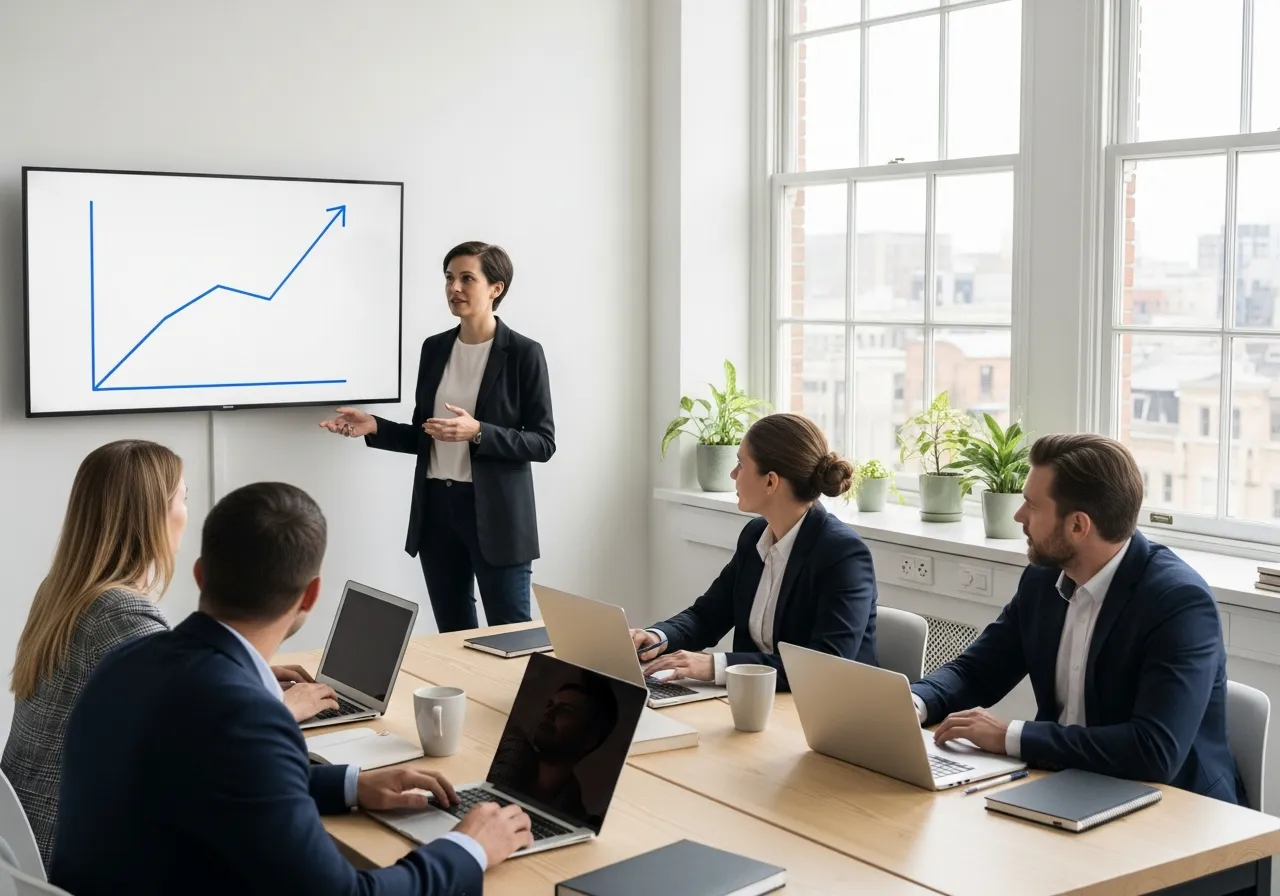 Strategy consultant presenting a growth chart on a wall screen to colleagues with laptops in a bright Melbourne meeting room