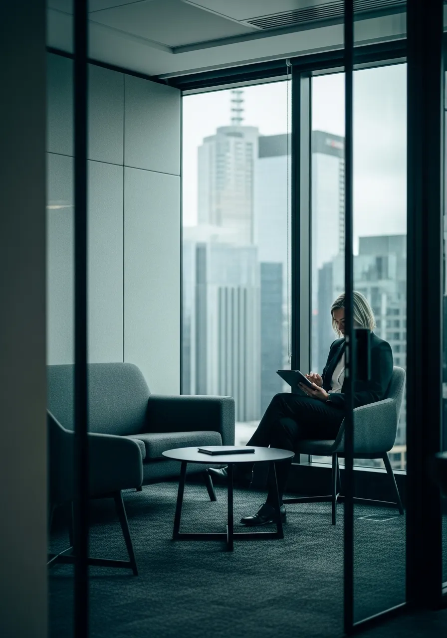 Creative strategist reviewing a tablet by a studio window overlooking Melbourne towers