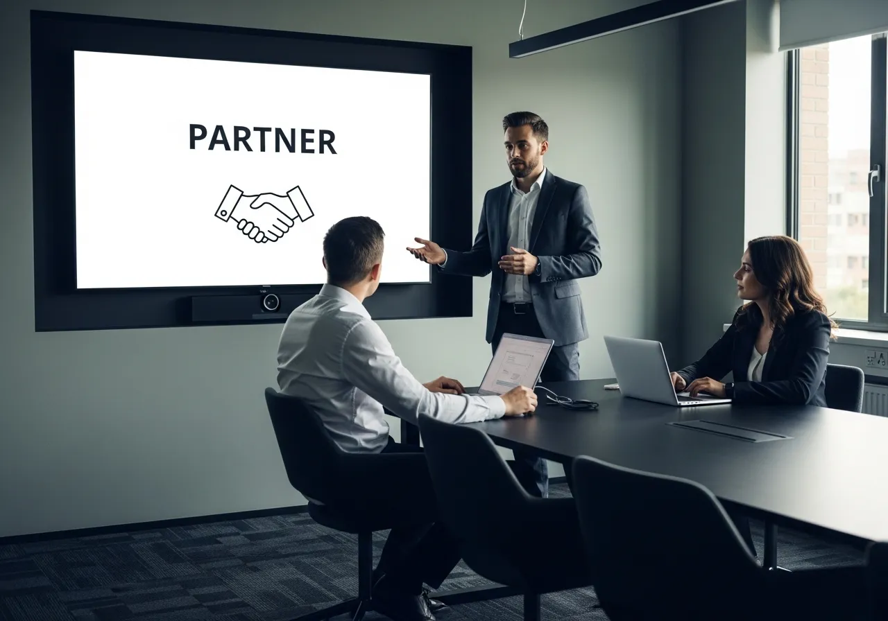 Agency lead presenting a partnership overview on a boardroom screen to two prospective clients