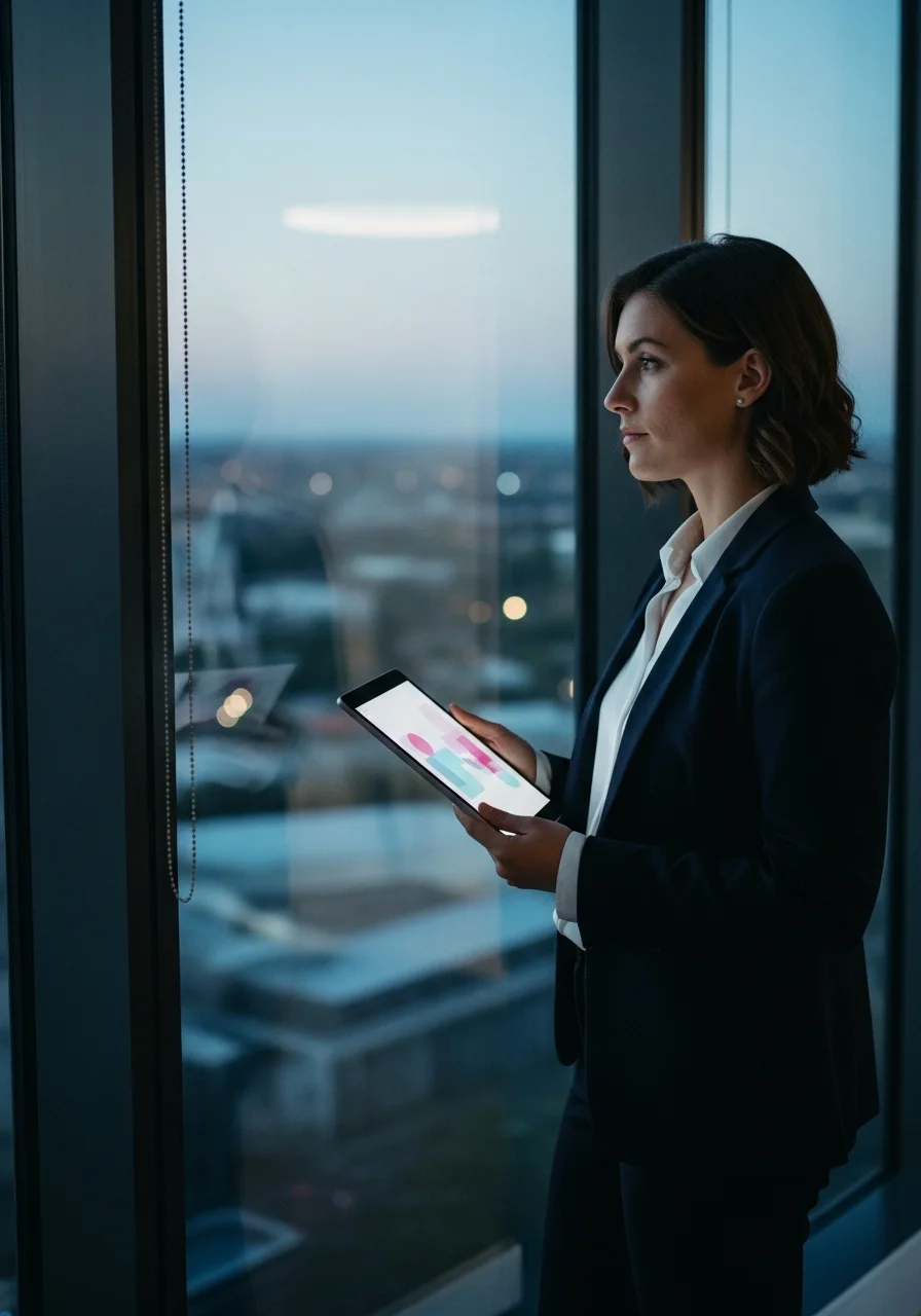 An Australian businesswoman holding a tablet by a window overlooking the city at dusk
