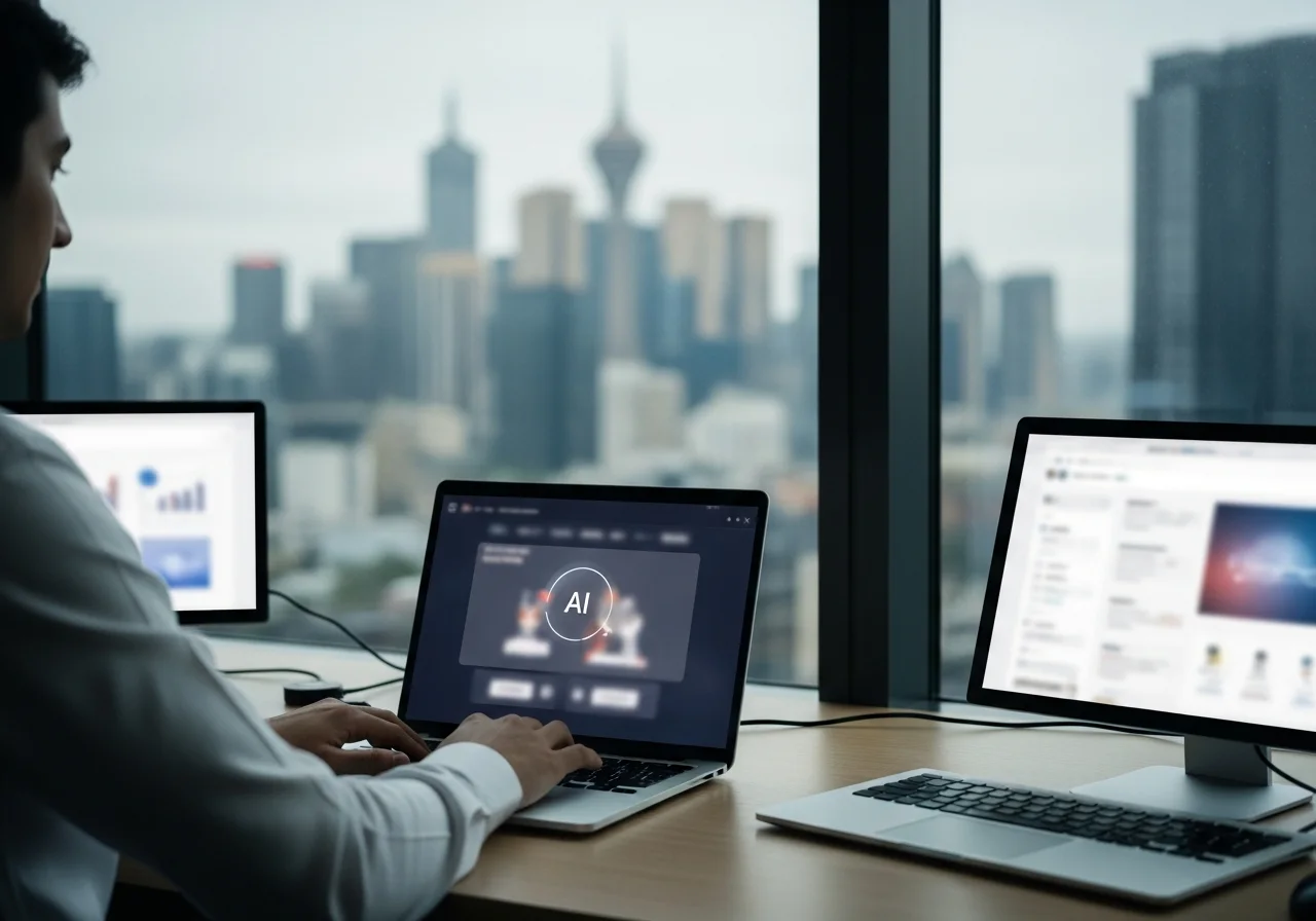 A professional using an AI search interface on a laptop in a high-rise Melbourne office with the skyline behind