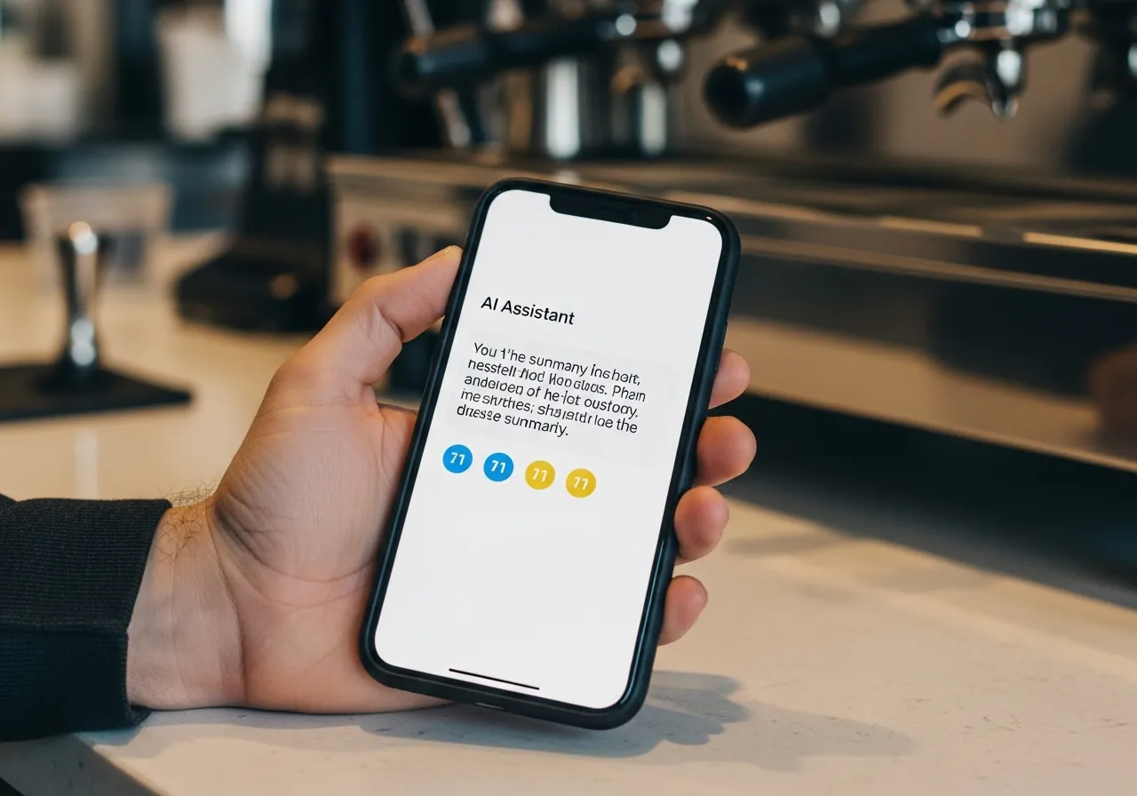 Hand holding a phone showing an AI assistant answer that recommends a local business