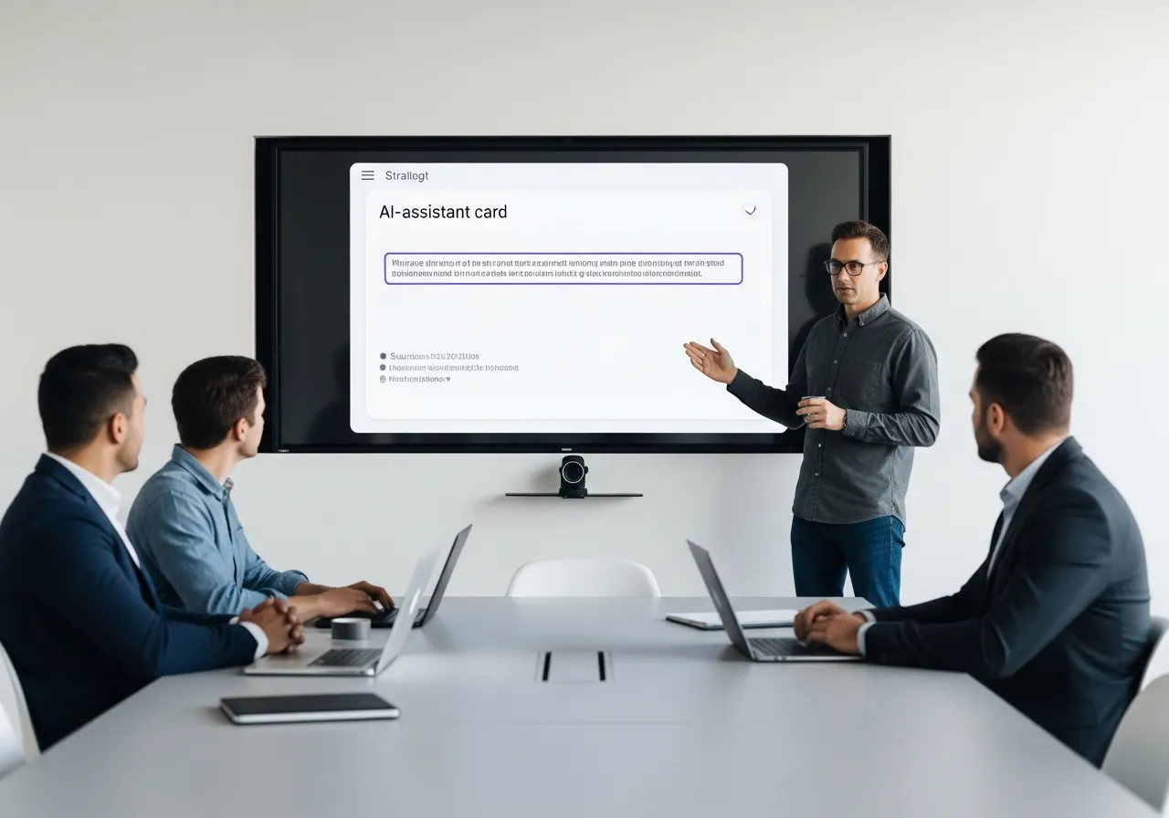 Strategist presenting an AI answer card on a boardroom screen while colleagues follow along on laptops