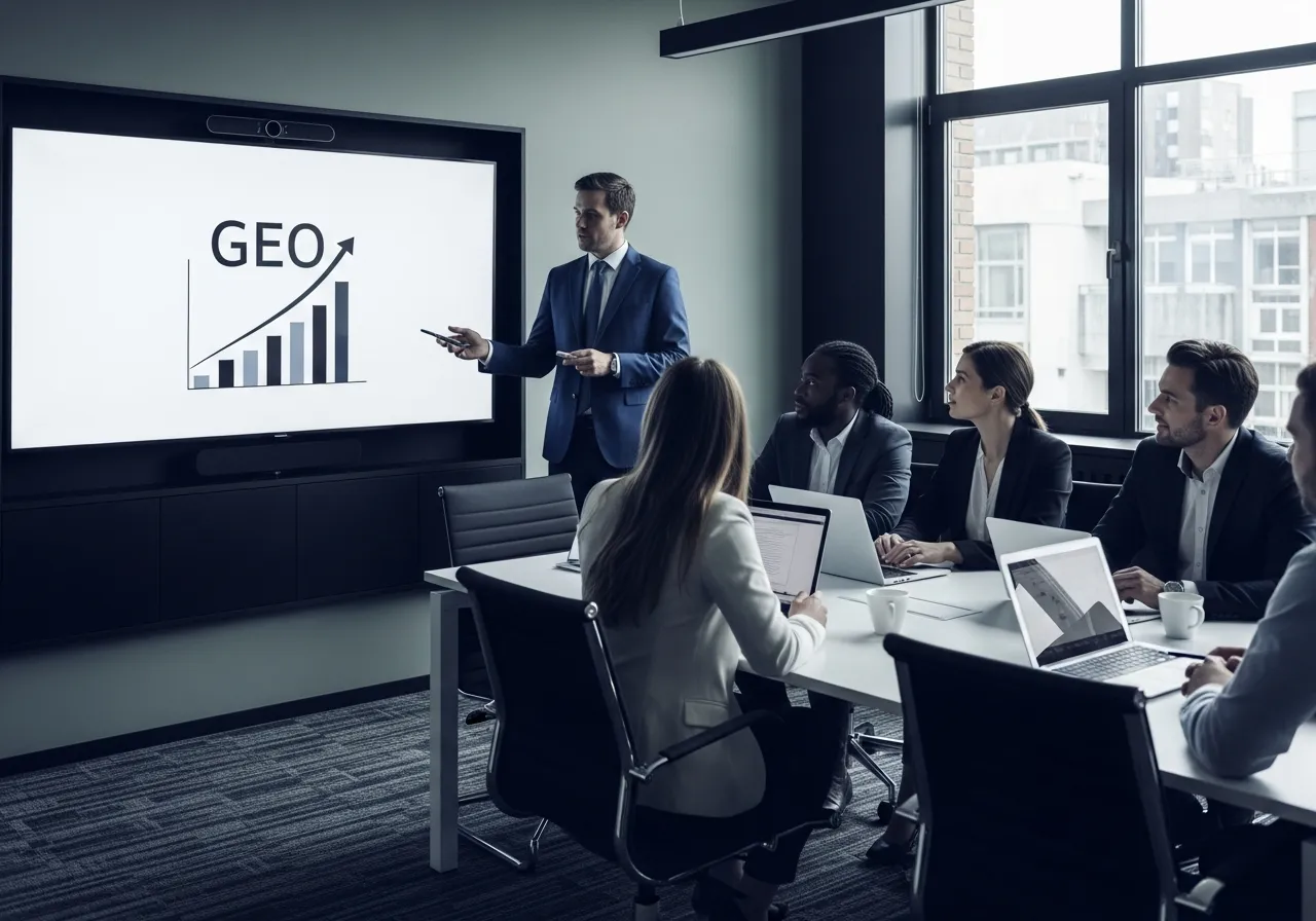 Strategist presenting a GEO diagram of connected content blocks on a meeting-room screen to colleagues
