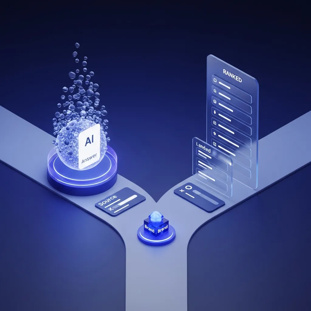 Editorial 3D scene of two diverging glowing paths — one toward an AI answer sphere, one toward a ranked search leaderboard