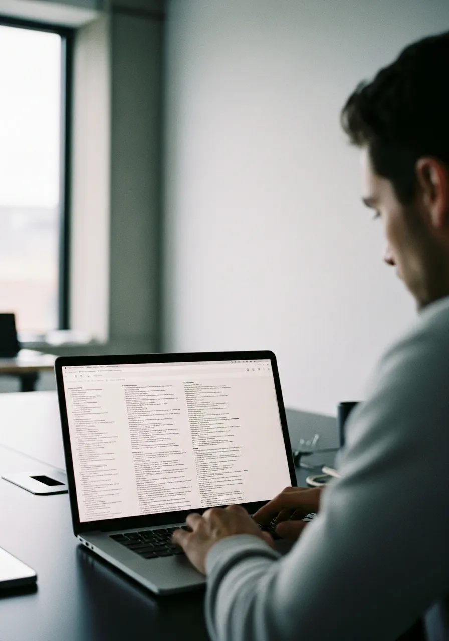 Person reviewing a wireframe of search results on a laptop at a white desk