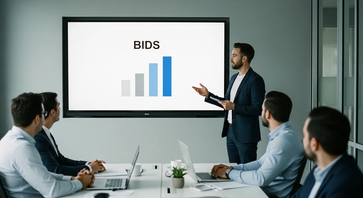Marketer presenting a BIDS bar chart on a meeting-room screen to seated colleagues