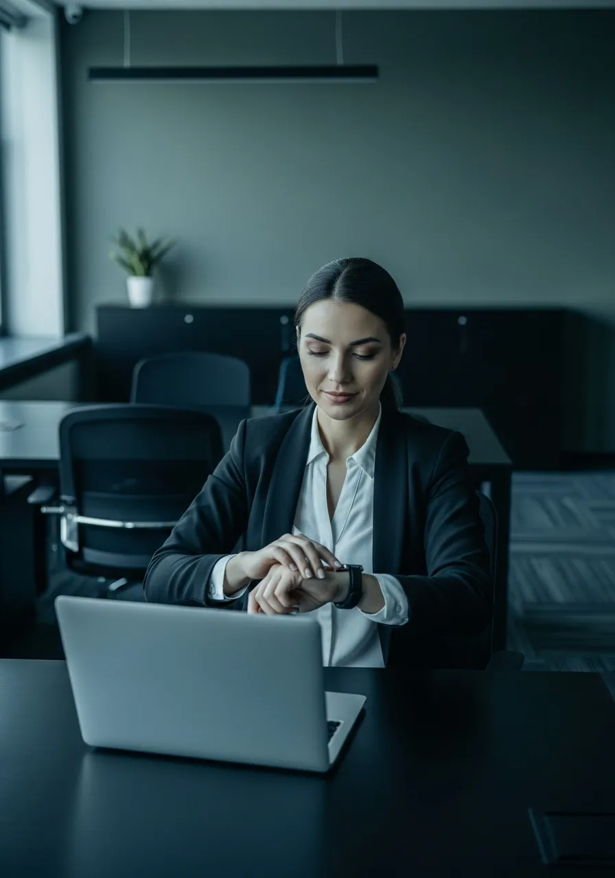 Businesswoman checking her watch beside a laptop, waiting on results