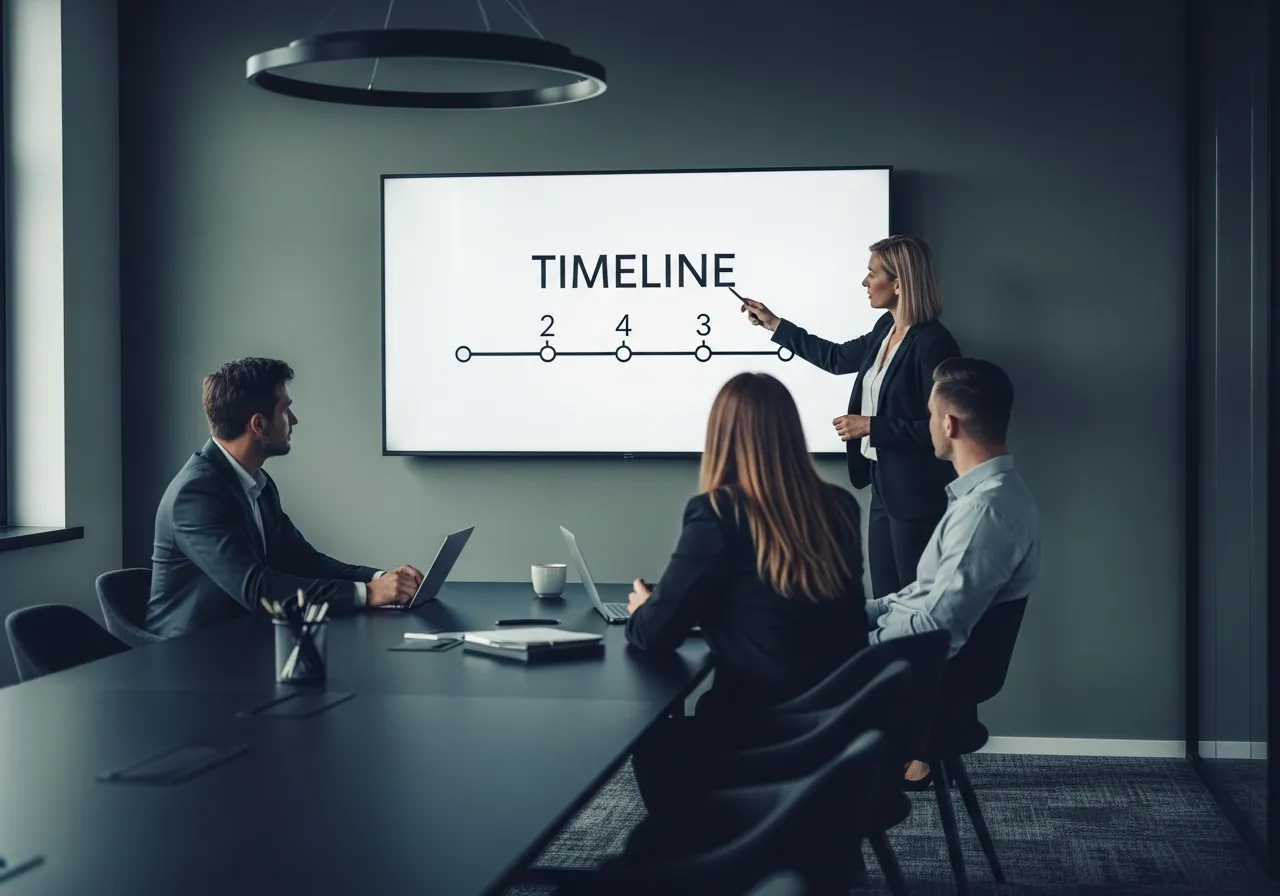 Consultant pointing at a milestone timeline on a boardroom screen while two clients follow along