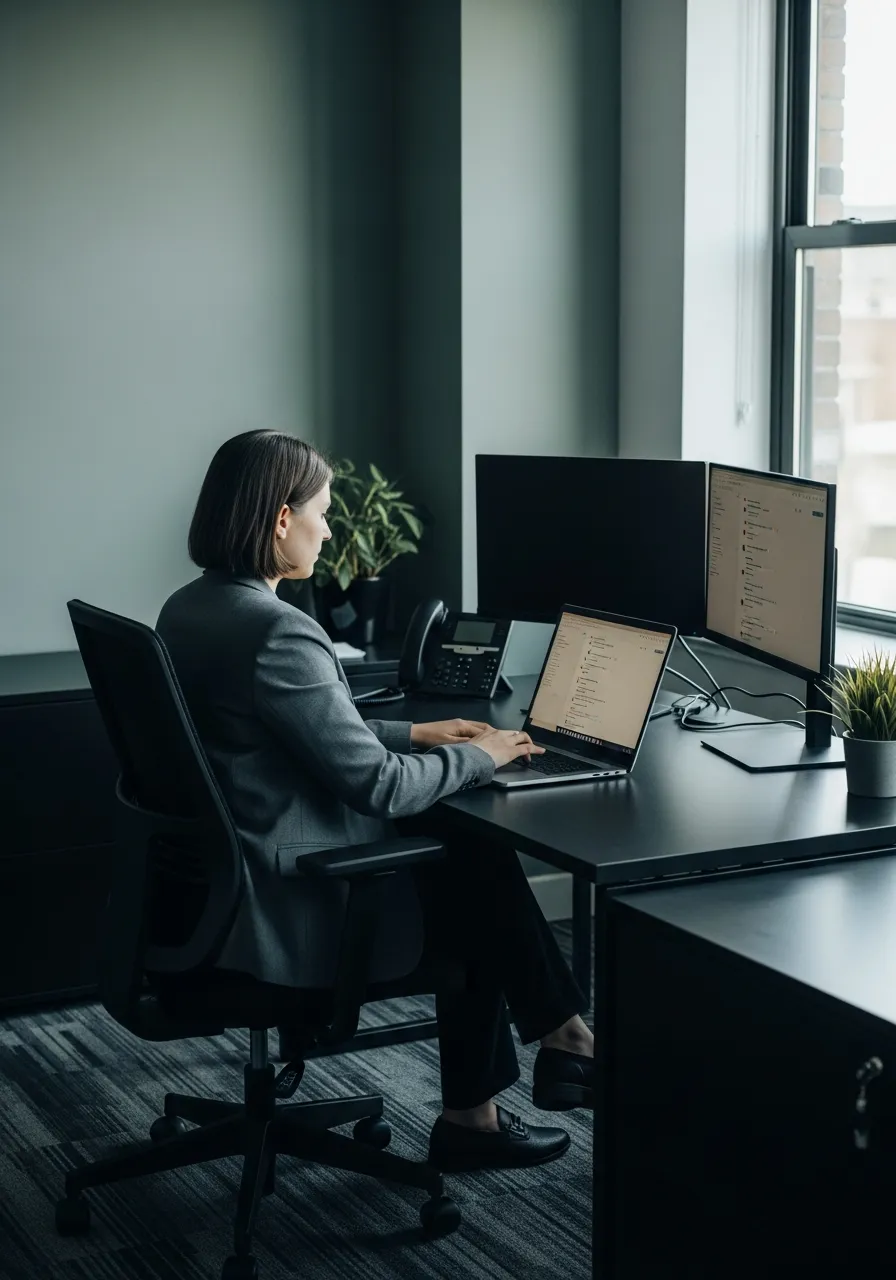 Marketer typing at a dark desk with a chat interface open on her laptop