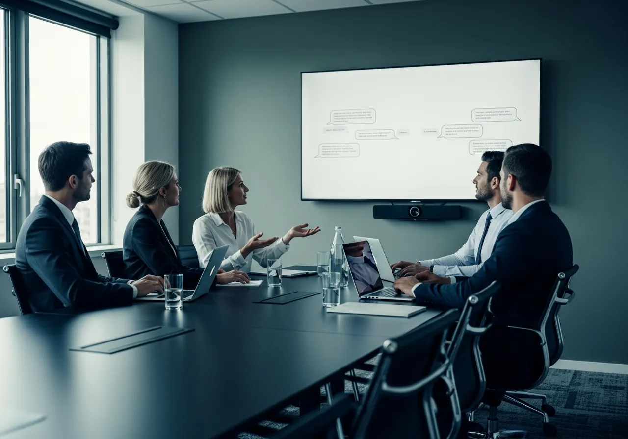 Team in a dark boardroom reviewing a chat interface on a large wall screen