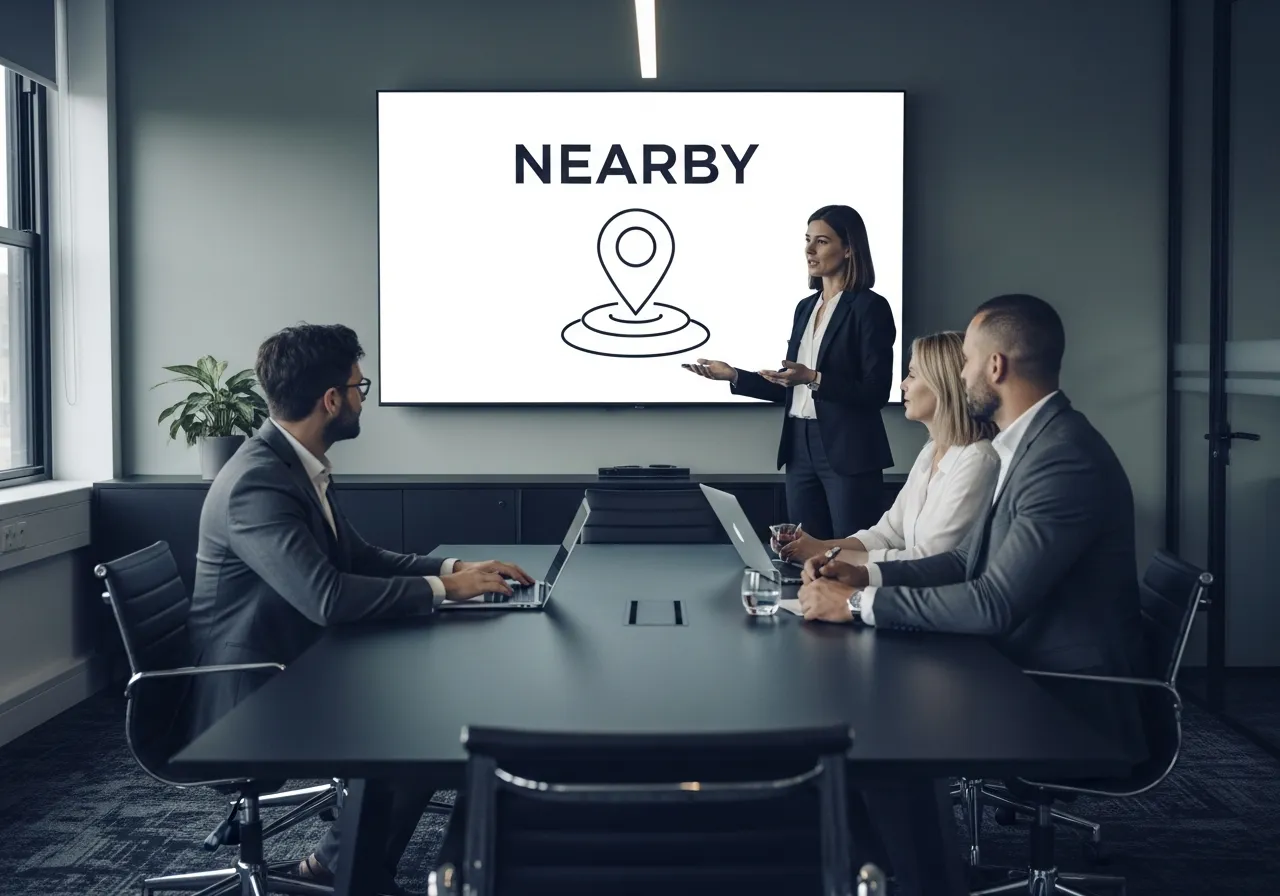 Consultant presenting a local search map-pin diagram on a boardroom screen to two shop owners