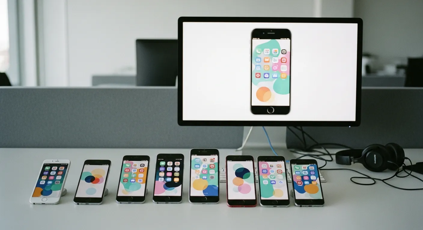 Developer's desk with a row of smartphones displaying app screens in front of a large monitor