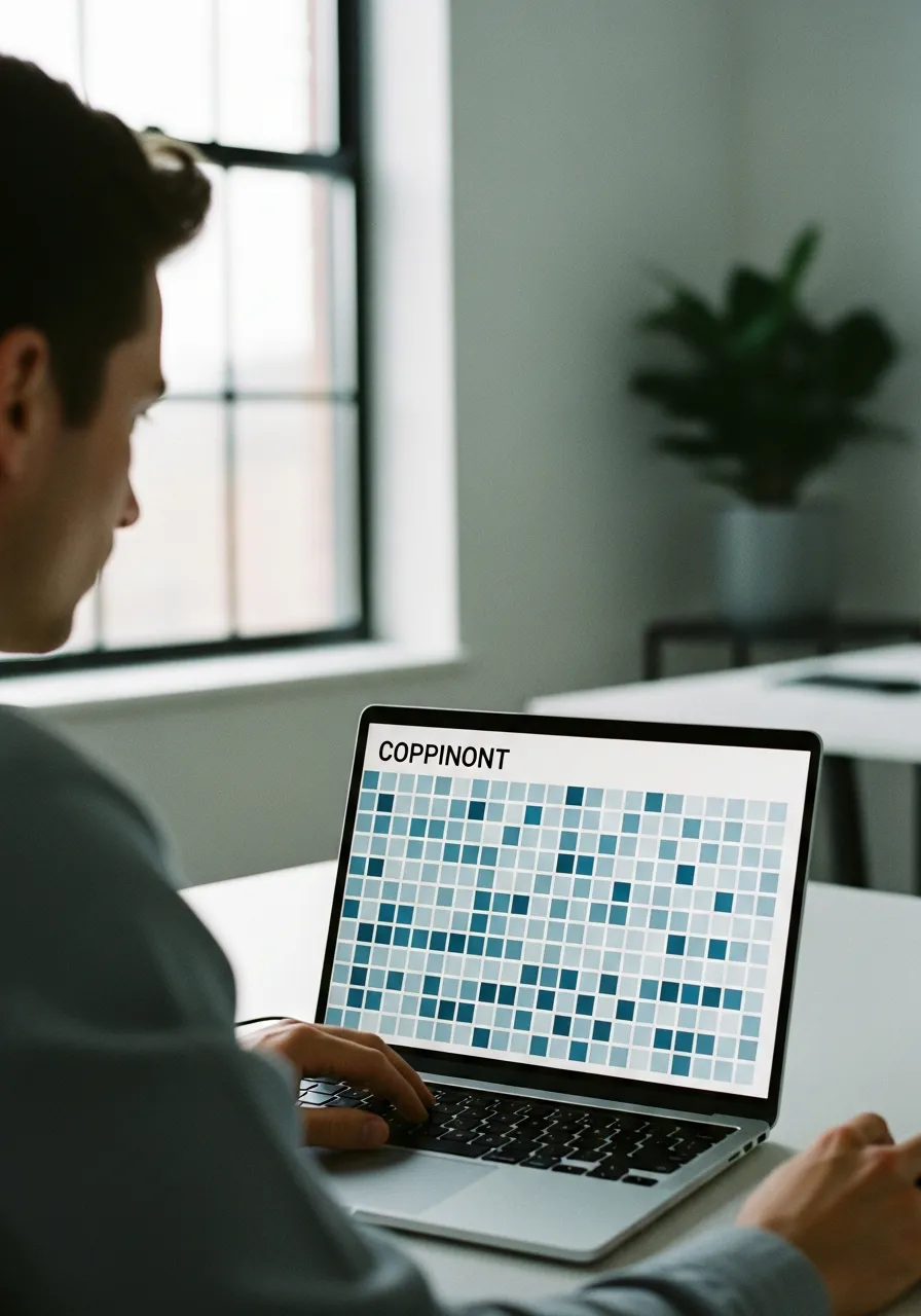 Analyst studying a cohort grid of blue and grey squares on a laptop