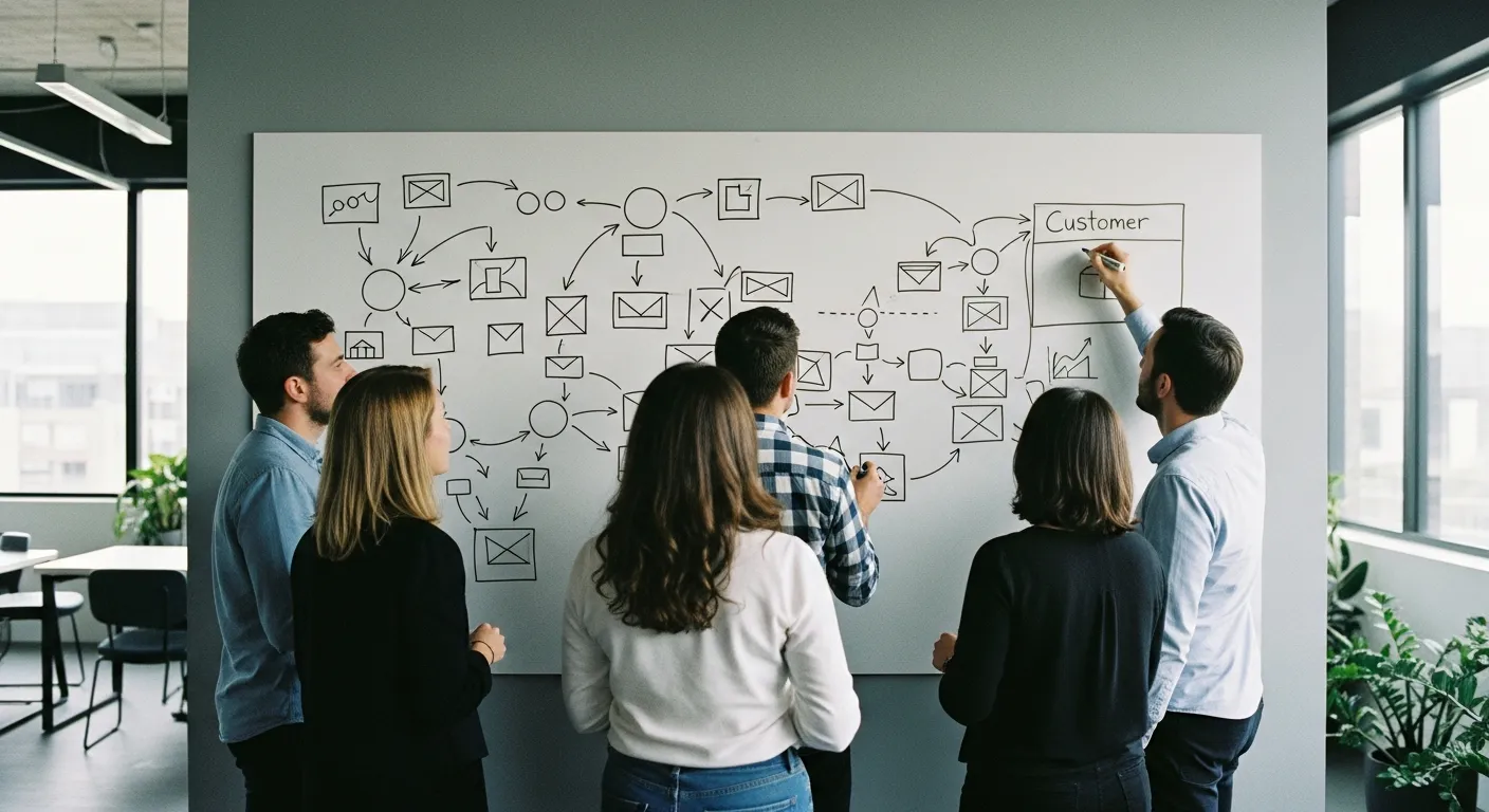 Marketing team mapping a customer journey diagram of circles and arrows on a wall-sized whiteboard