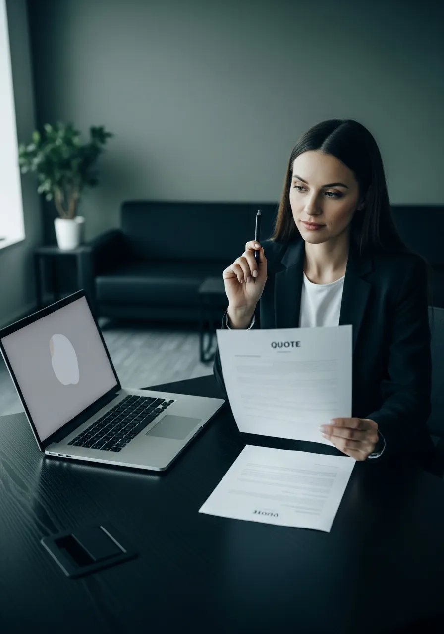 Businesswoman reviewing a printed quote beside her laptop at a dark desk