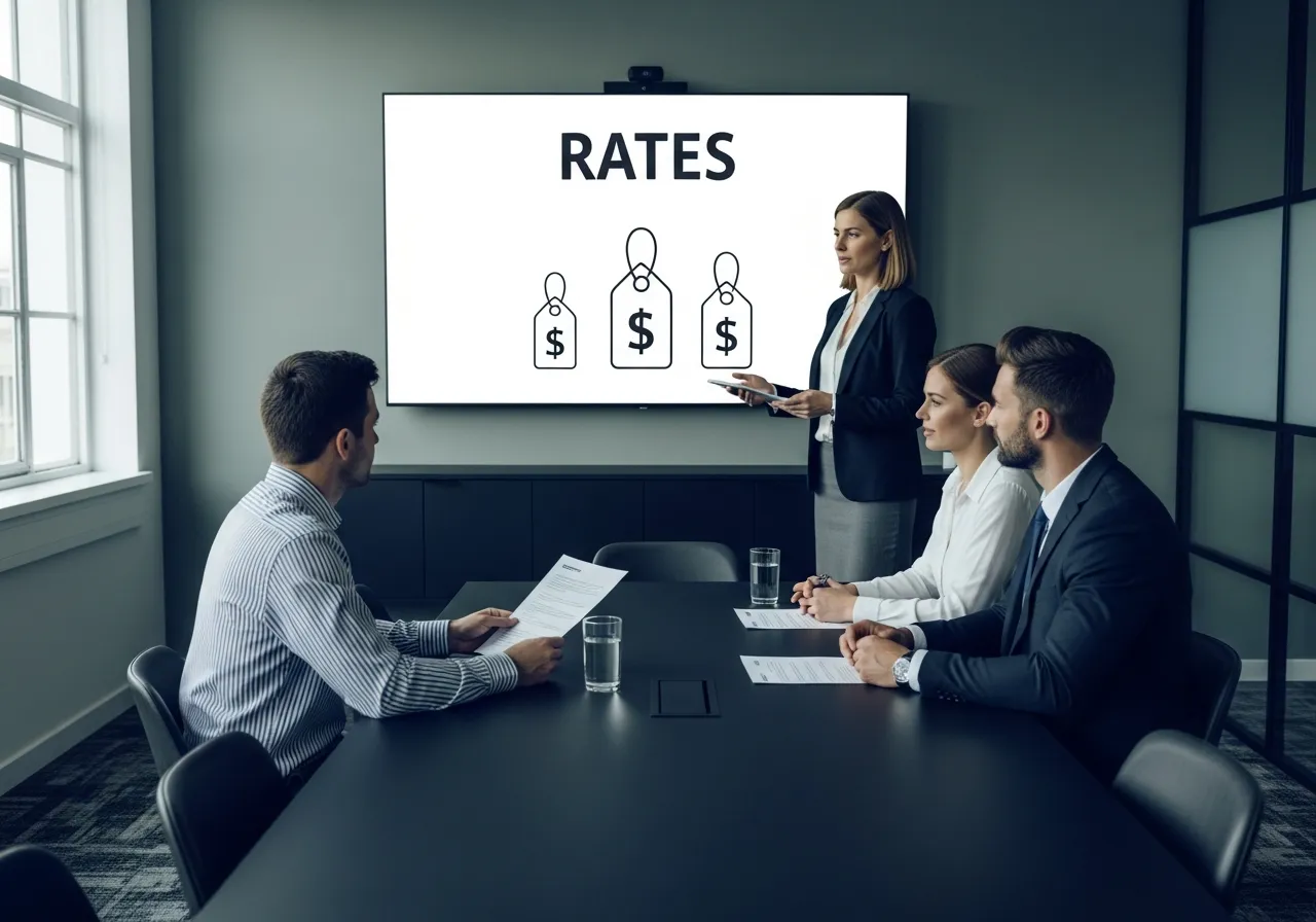 Consultant presenting SEO pricing rates on a boardroom screen to a business couple