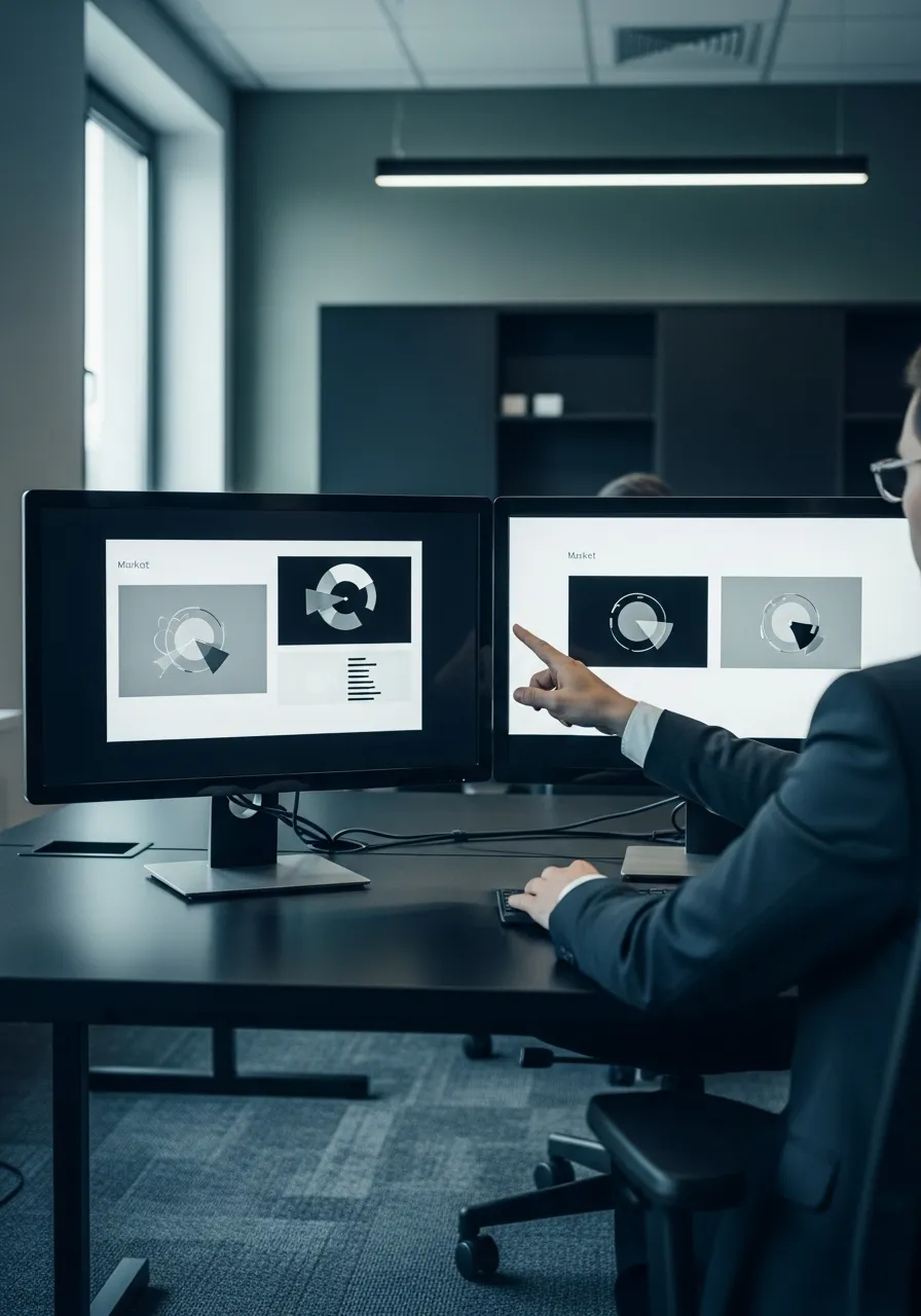 Marketer comparing layouts across two monitors at a dark desk