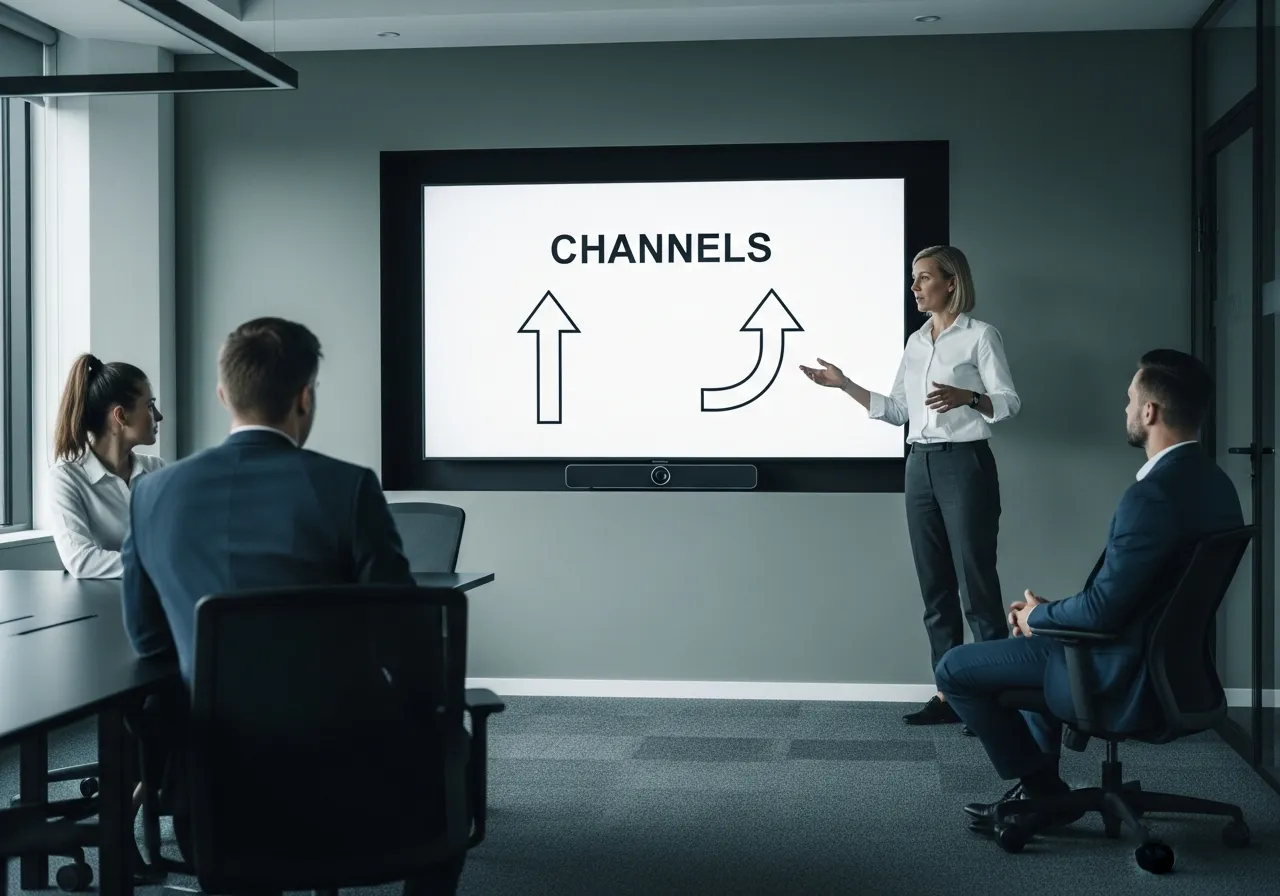 Consultant comparing two marketing channels on a boardroom screen for three clients