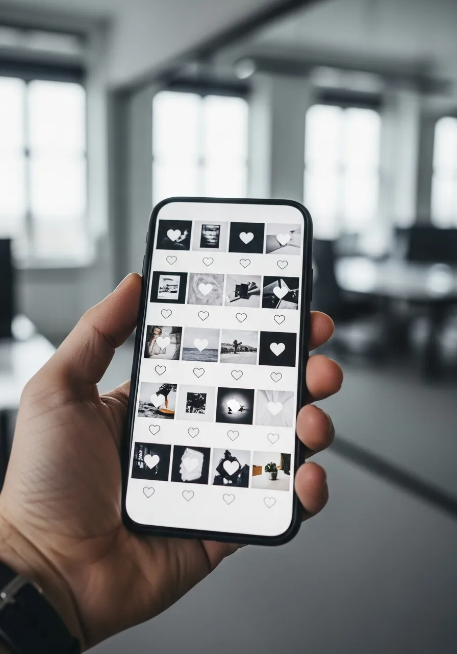 Hand holding a smartphone showing a clean social media feed of image tiles