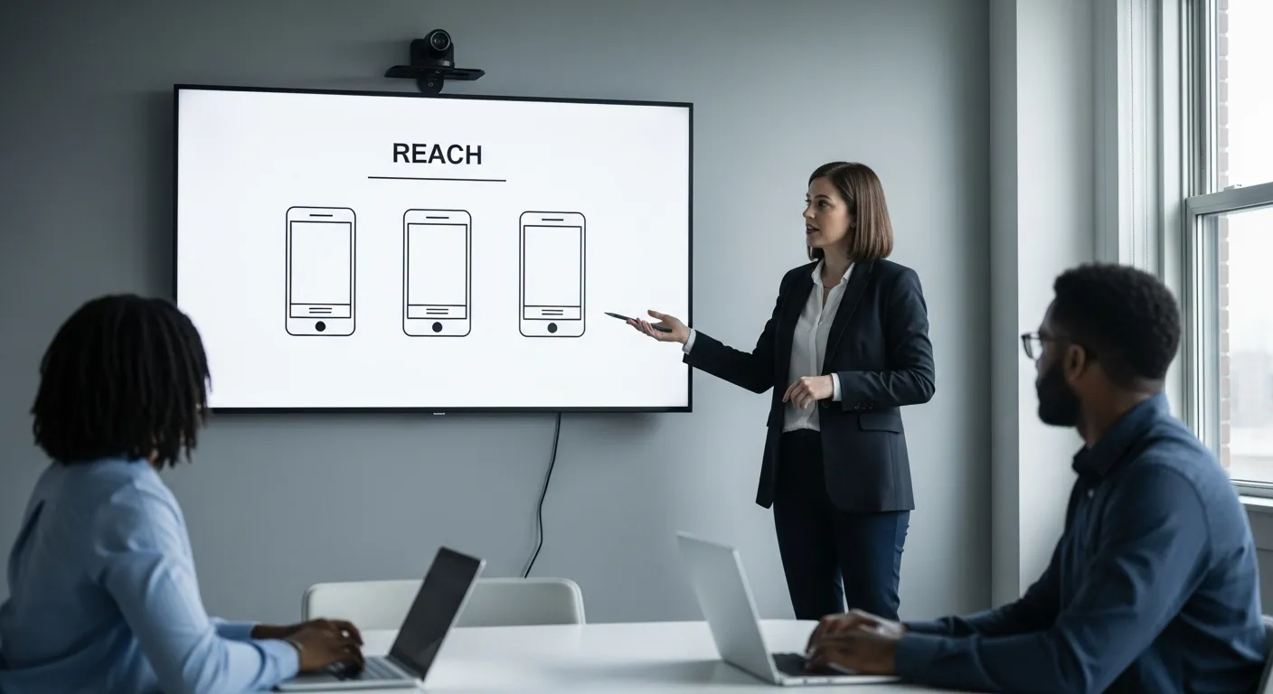 Strategist presenting three phone-shaped social post mockups on a meeting-room screen under a REACH heading